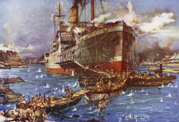 Die Landung der Truppen vom Fluss Clyde am V Beach, Gallipoli-Halbinsel, Türkei, 25. April 1915